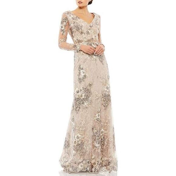 Mac Duggal Floral Embroidered Sequin Embellished V-Neck Illusion Gown 16 NWT - Picture 4 of 13